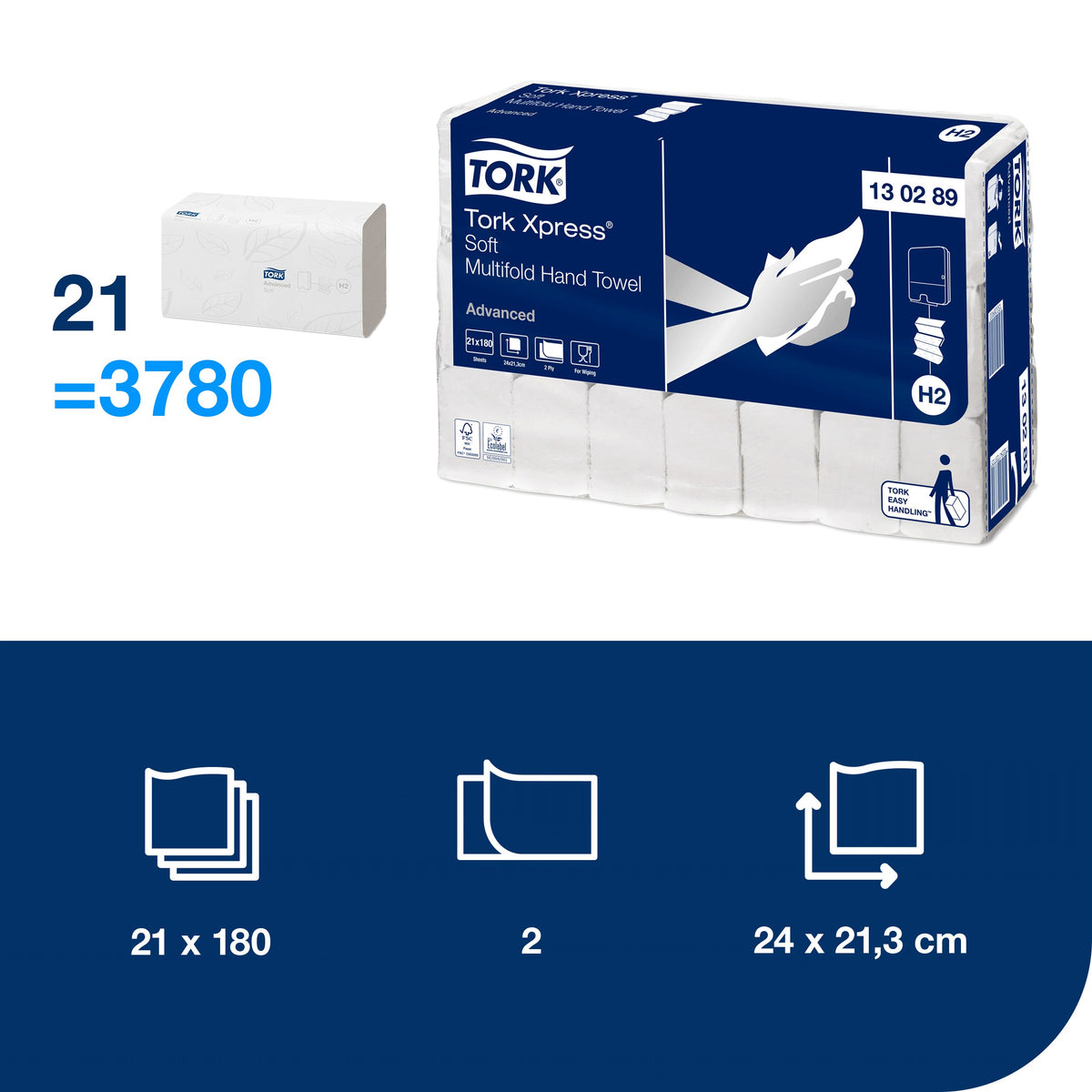 Tork Xpress 130289 hajtogatott kéztörlő – H2, 2 rétegű, fehér – 130289