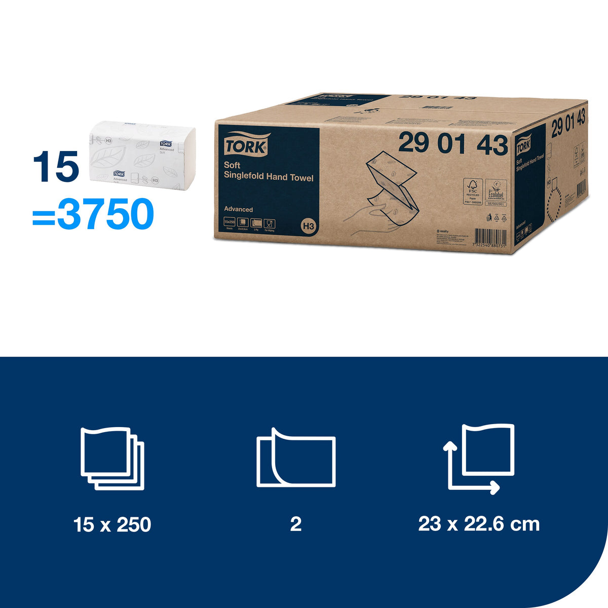 Tork 290143 Soft Singlefold kéztörlő – H3, 3750 lap/karton – 290143